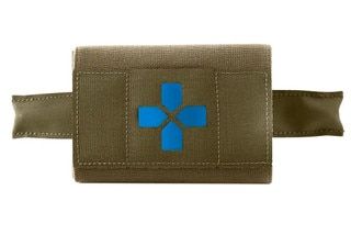 Empty ranger green trauma kit, belt mounted configuration.
